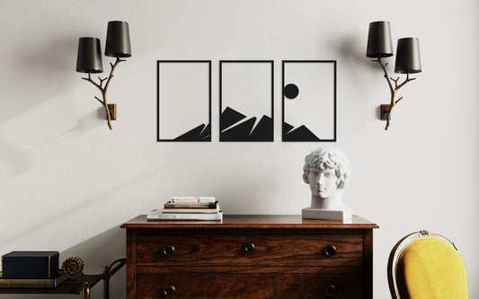 3 pieces wooden wall decoration mountains on a white wall